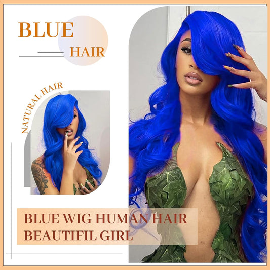 26 Inch Blue Lace Front Wig Human Hair Body Wave 200 Density HD Lace Frontal Wigs for Women